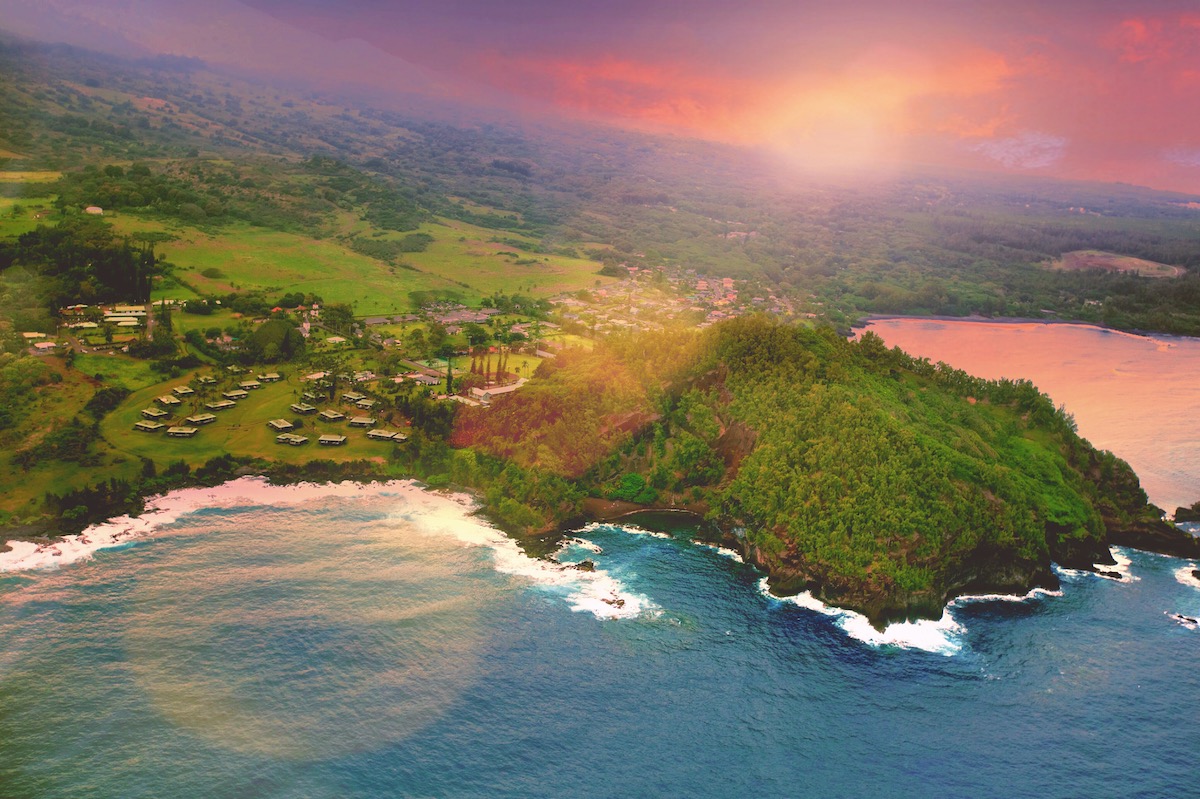 An aerial view of secluded Hana Town